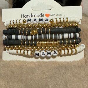 Handmade MAMA Bracelet Stack – Gray, White & Gold Beaded Set